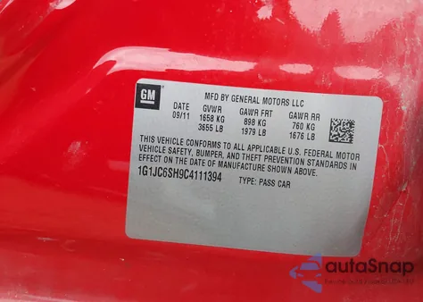 2012 Chevrolet Sonic 2Lt z USA, uszkodzony, nr VIN 1G1JC6SH9C4111394